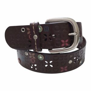 VTG Y2K Fossil Brown Leather Boho Belt|Silver Buckle|Floral|Studded
